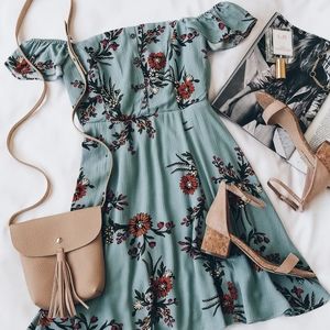 Lulus Light Blue Floral Print Off-the-Shoulder Dress